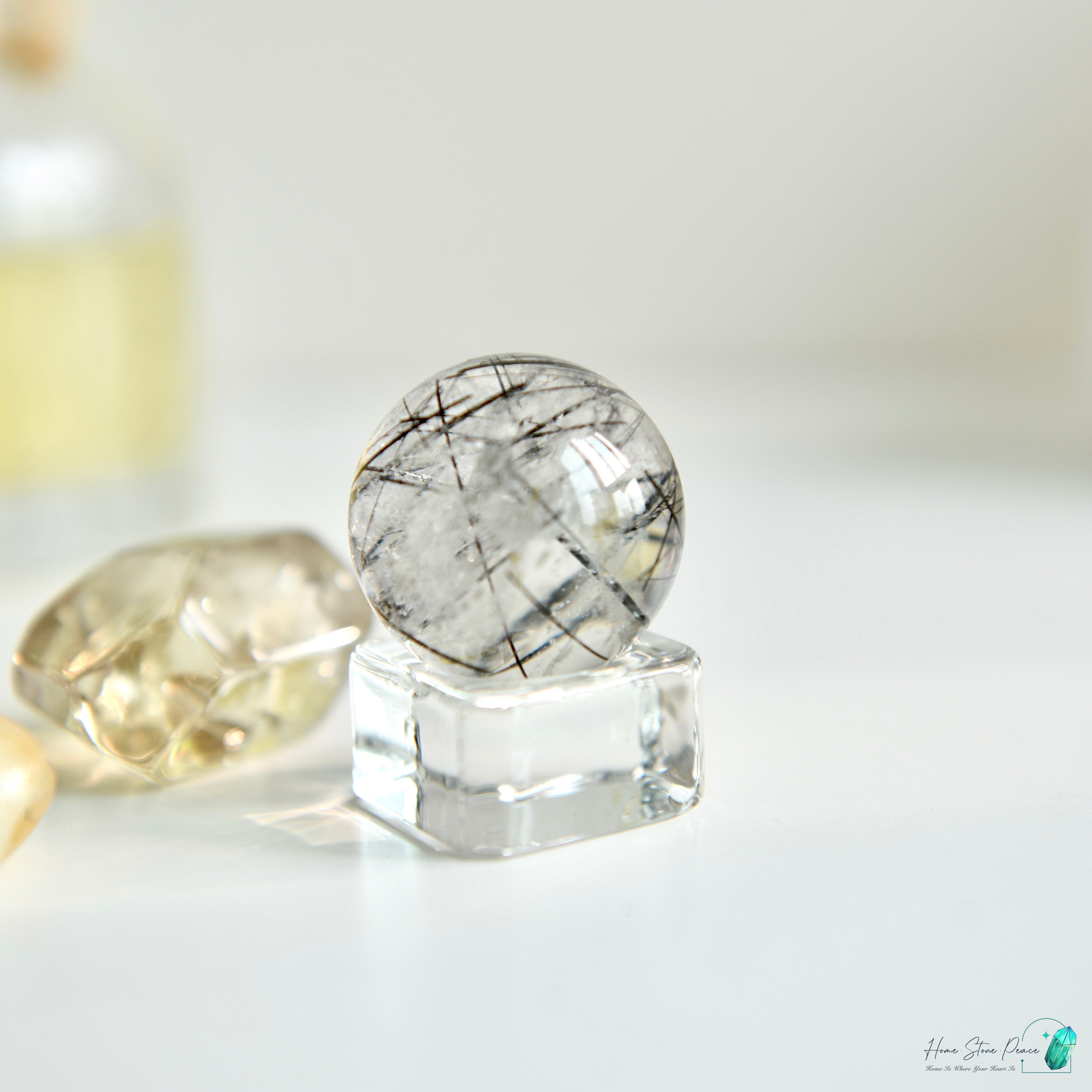 黑碧璽黑髮晶共生白水晶球 Black Tourmaline Black Rutiles in Quartz