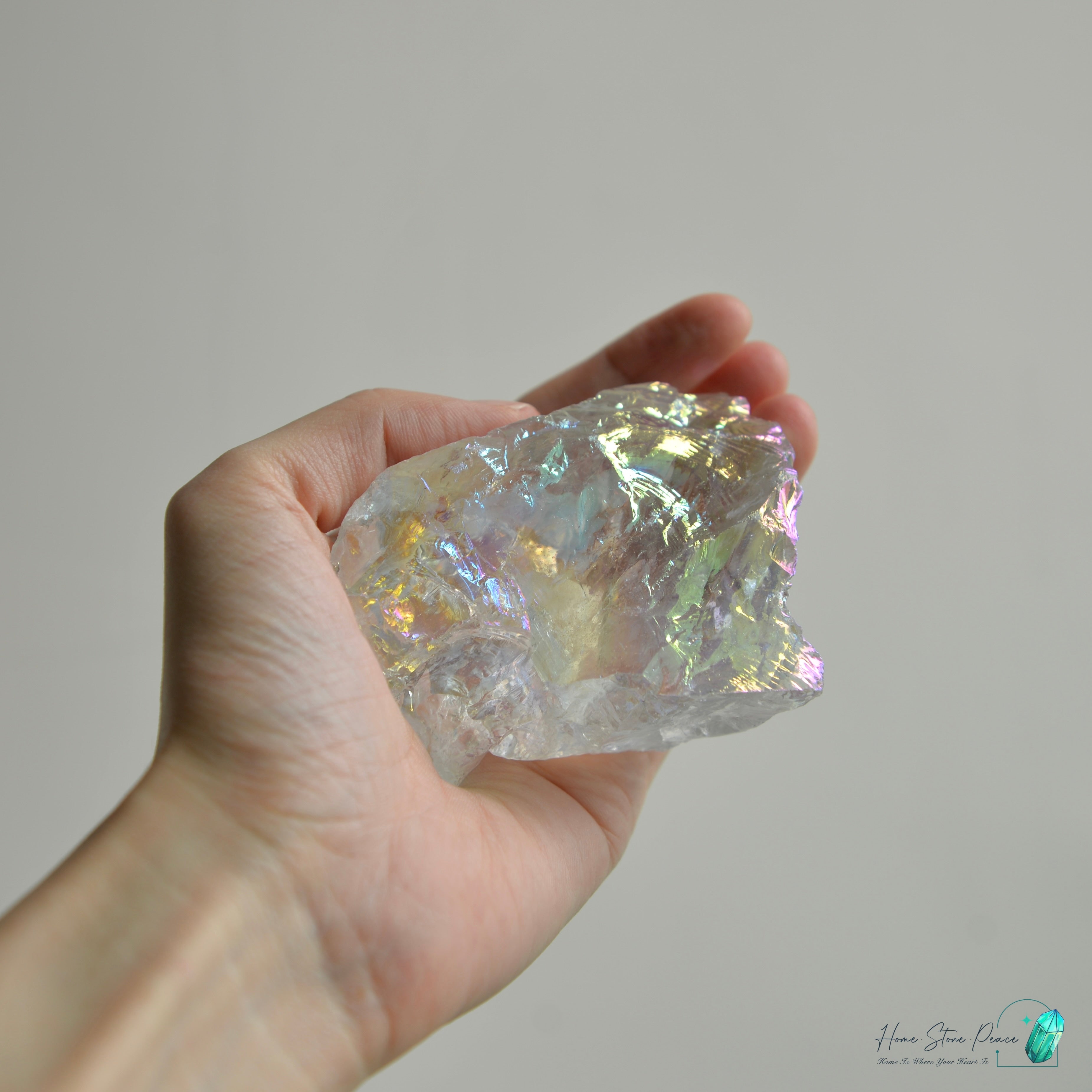 天使光鍍彩白水晶原石連座 Aura Clear Quartz Cluster with Stand