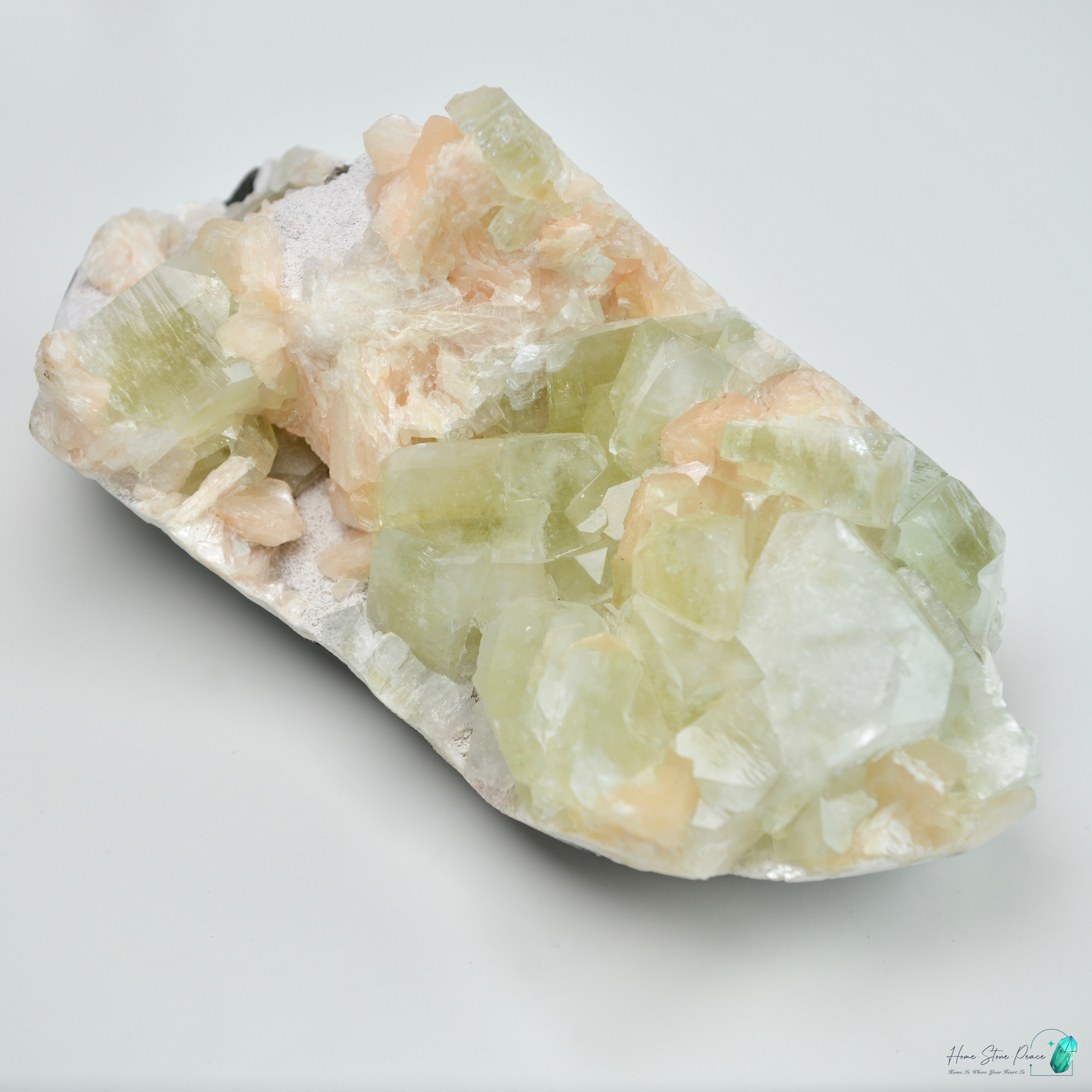 印度大顆綠魚眼石橙輝沸石共生原石 Green Apophyllite with Peach Stilbite Cluster