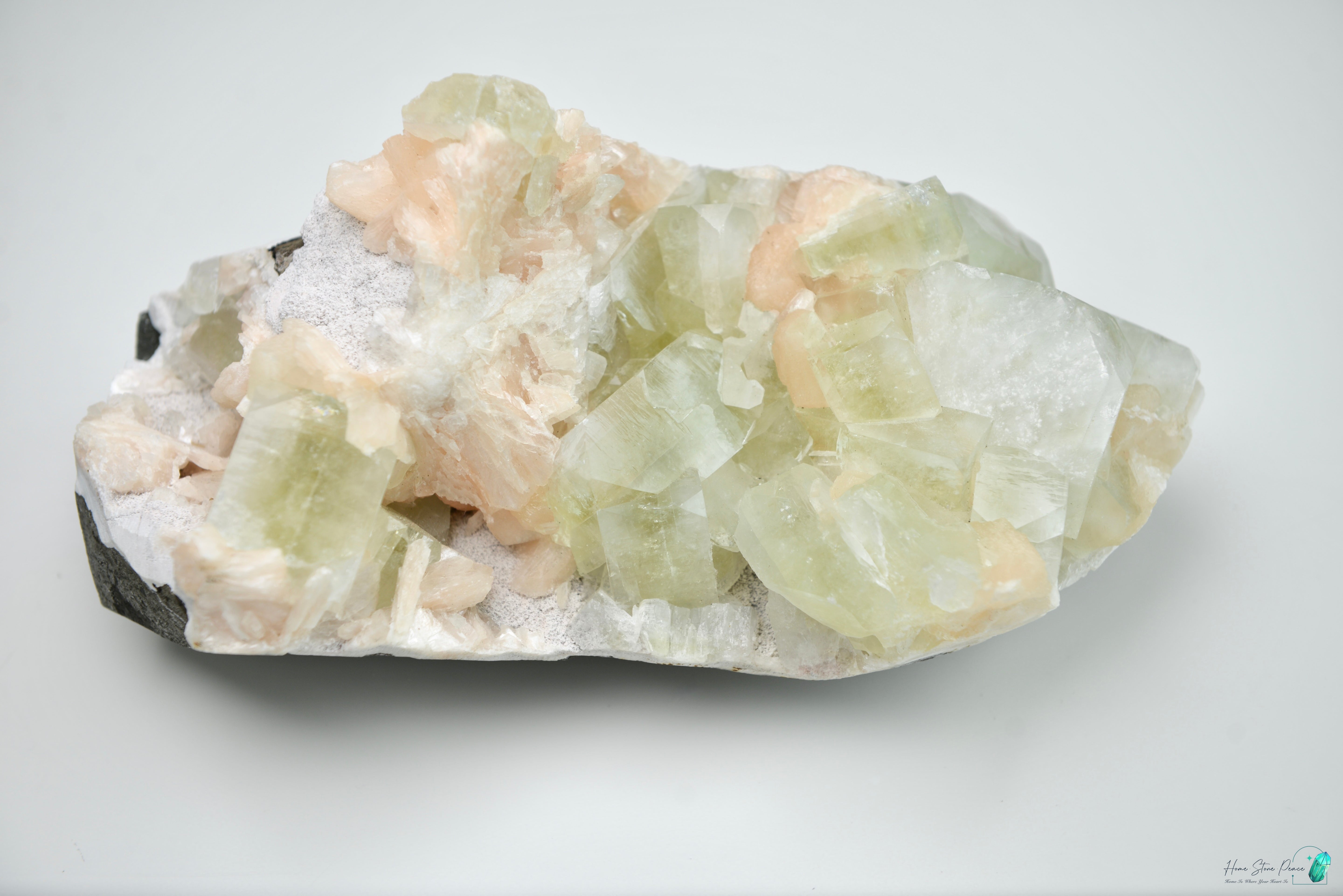 印度大顆綠魚眼石橙輝沸石共生原石 Green Apophyllite with Peach Stilbite Cluster