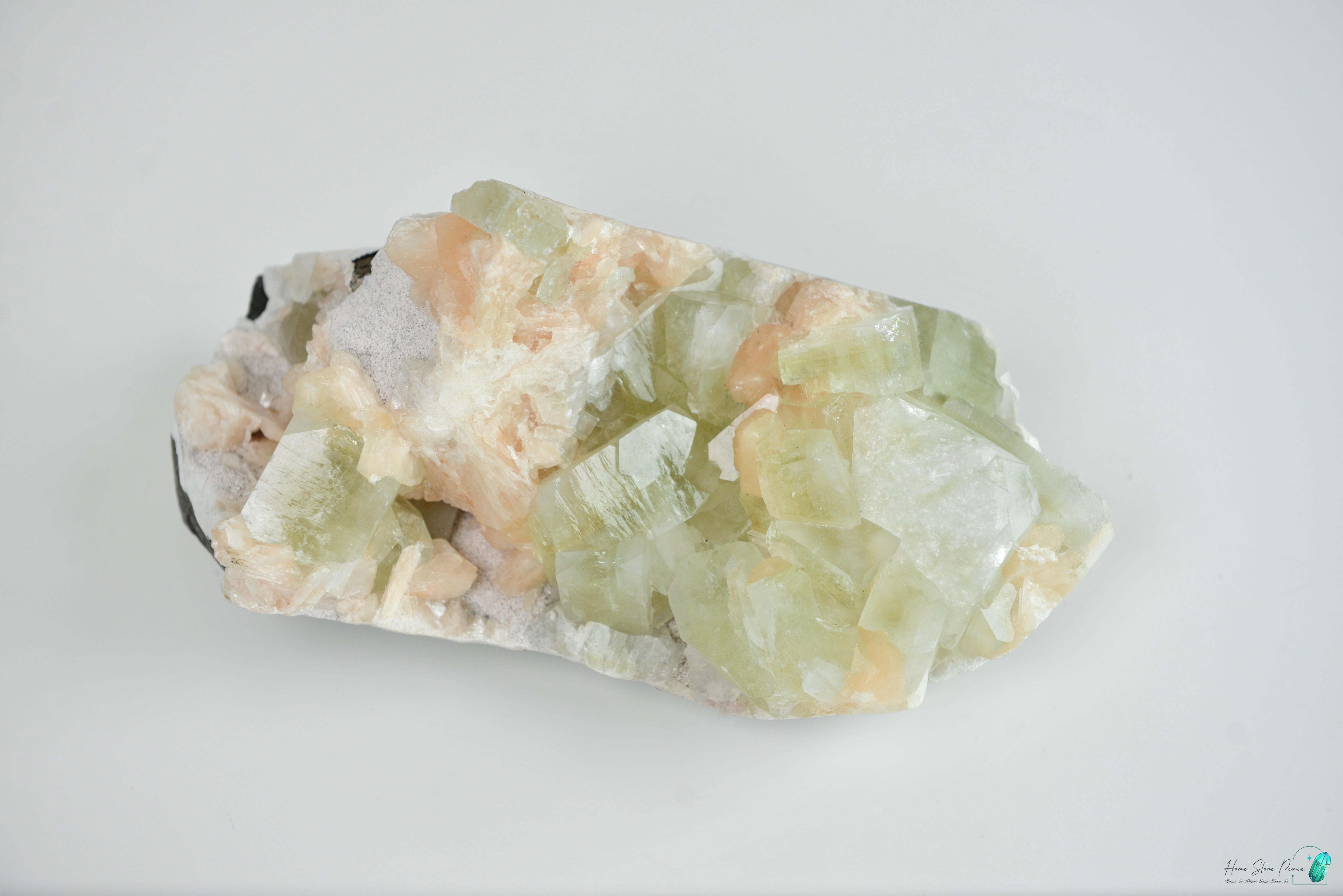 印度大顆綠魚眼石橙輝沸石共生原石 Green Apophyllite with Peach Stilbite Cluster