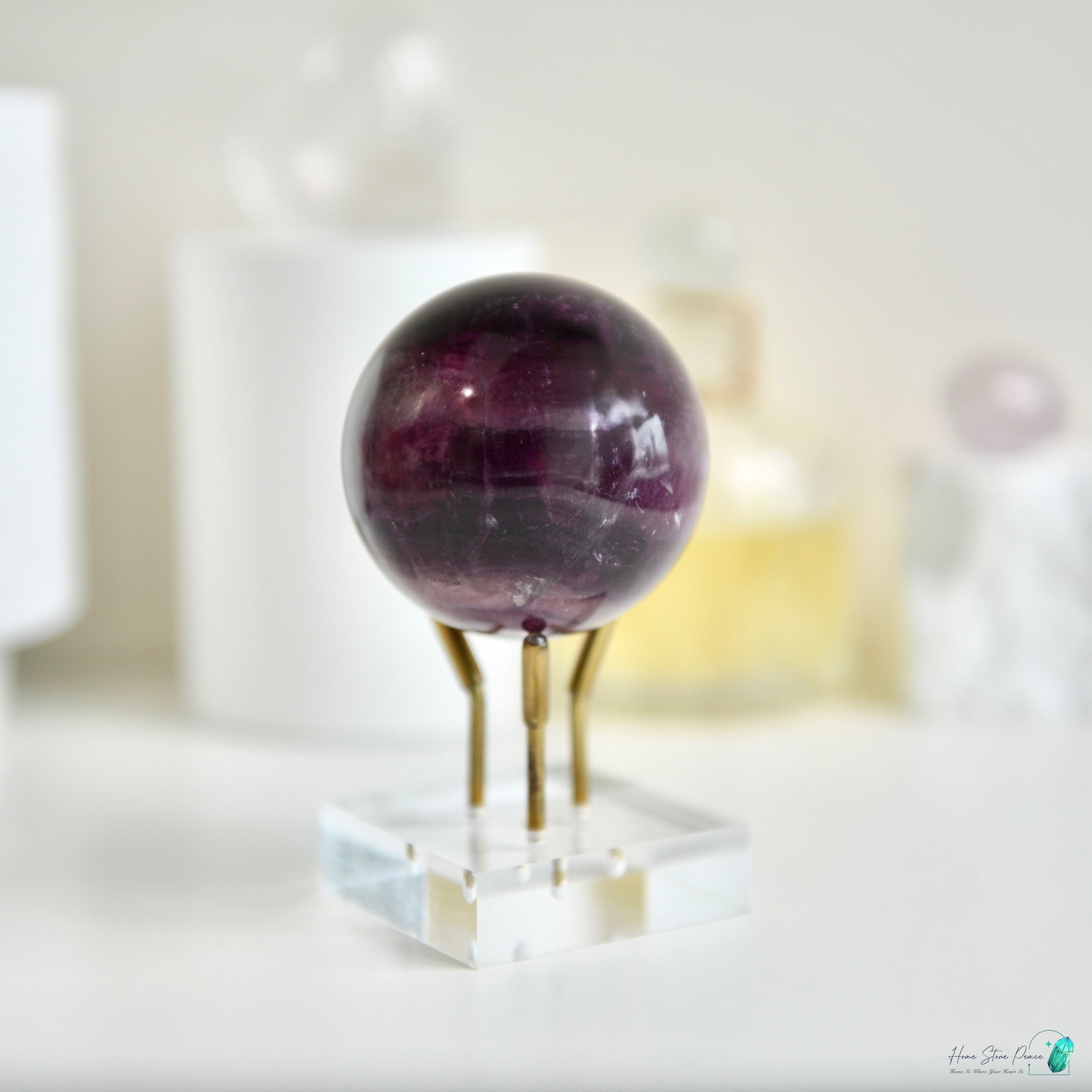 深紫螢石球(含彩虹）Deep Purple Fluorite Sphere with Rainbow