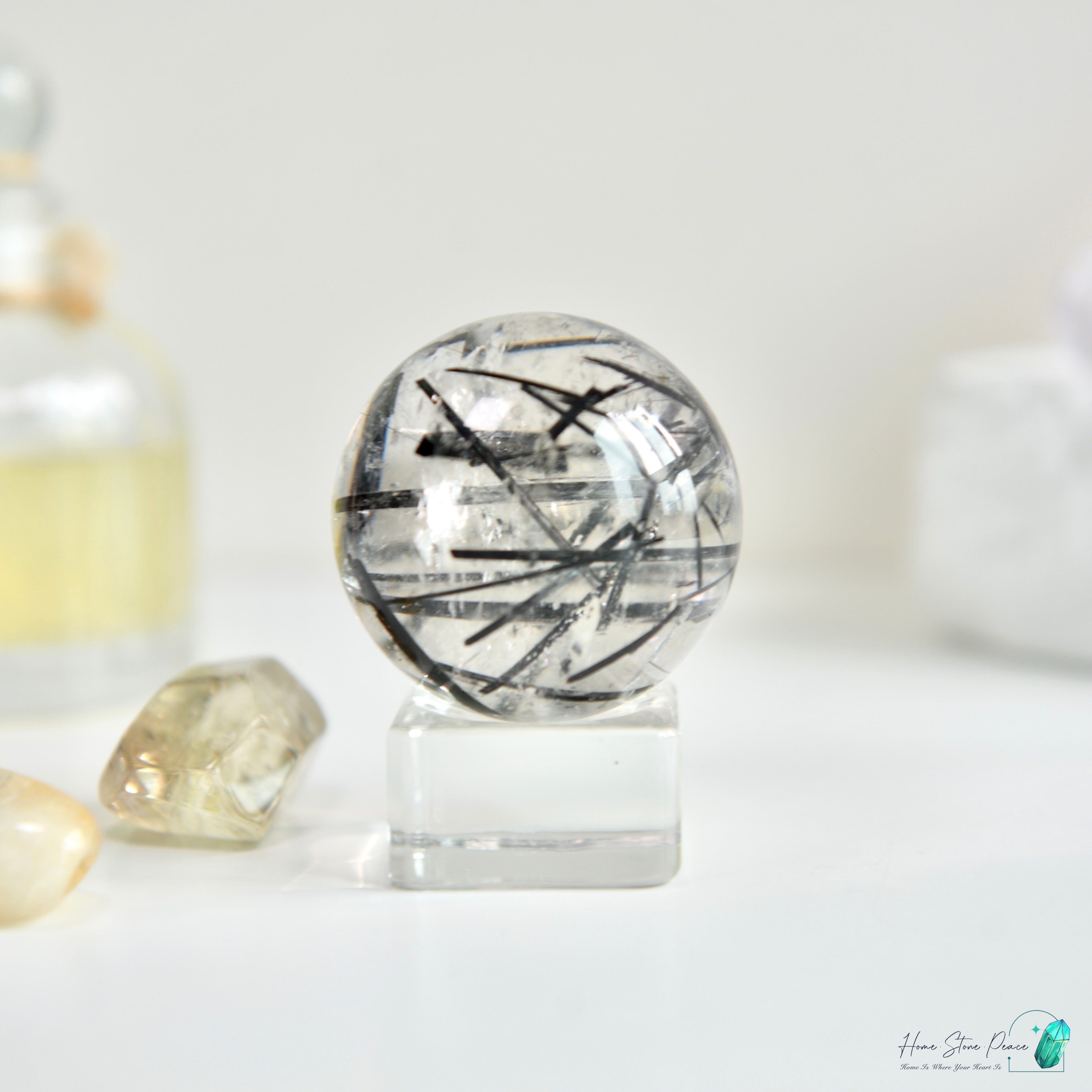 黑碧璽黑髮晶共生白水晶球 Black Tourmaline Black Rutiles in Quartz