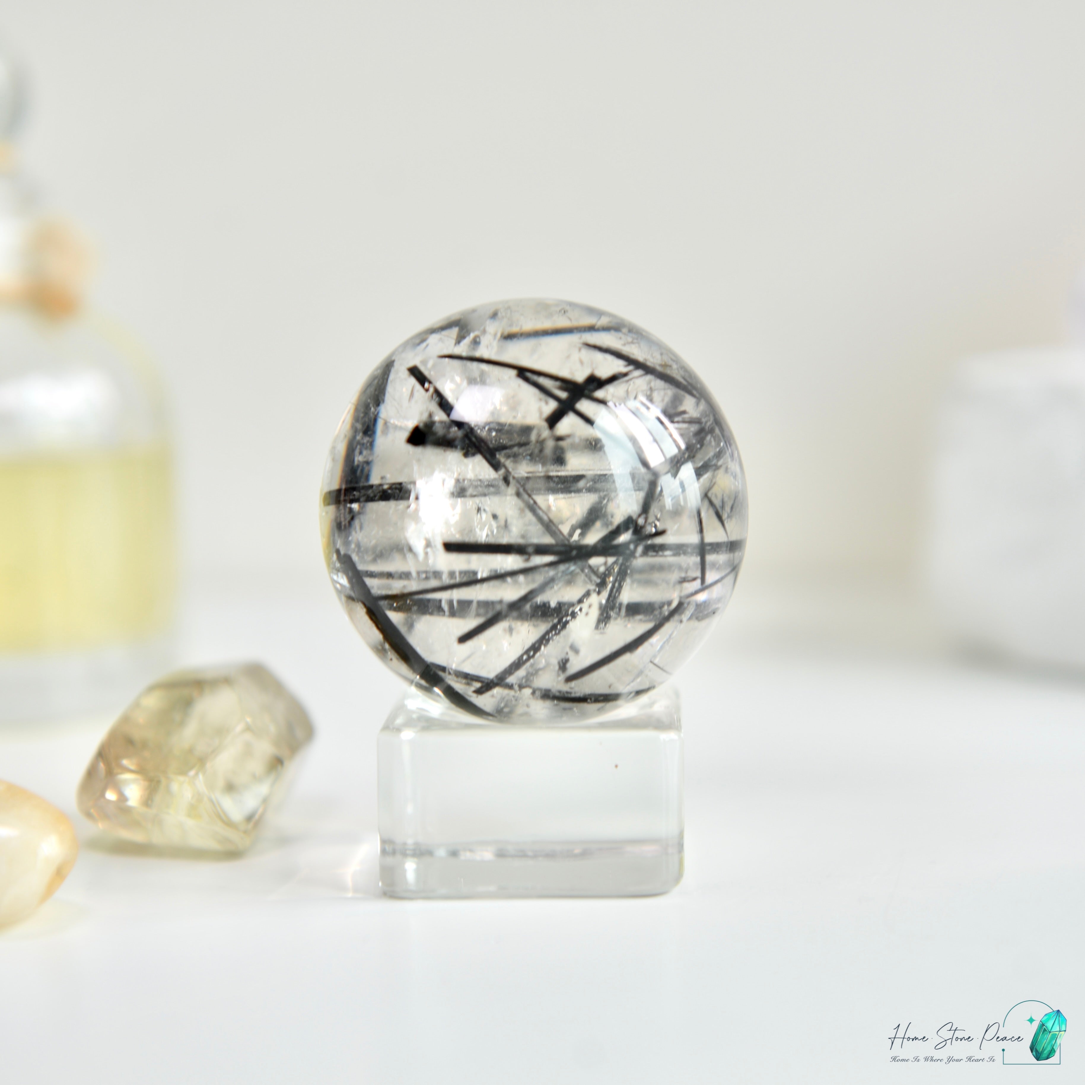 黑碧璽黑髮晶共生白水晶球 Black Tourmaline Black Rutiles in Quartz