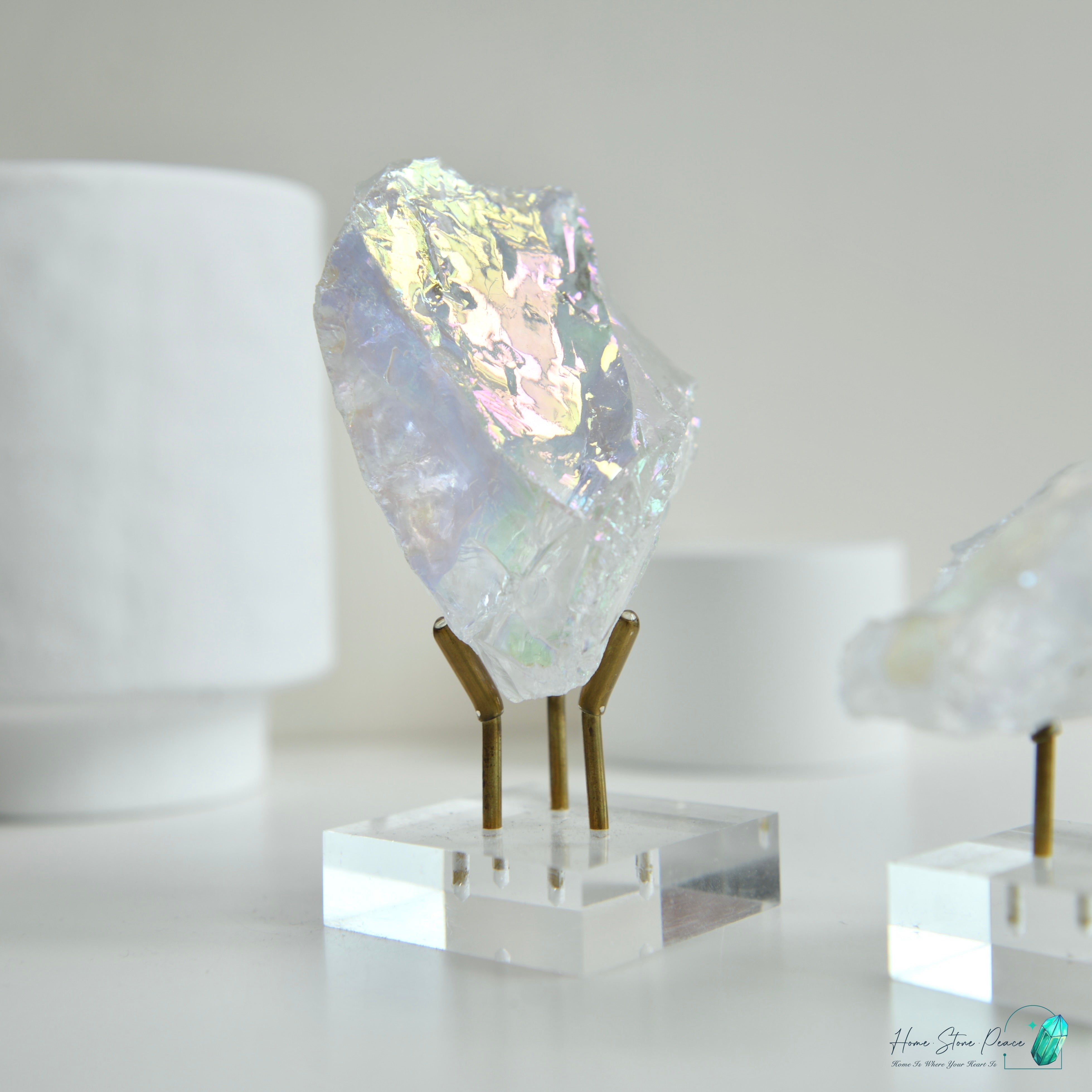 天使光鍍彩白水晶原石連座 Aura Clear Quartz Cluster with Stand