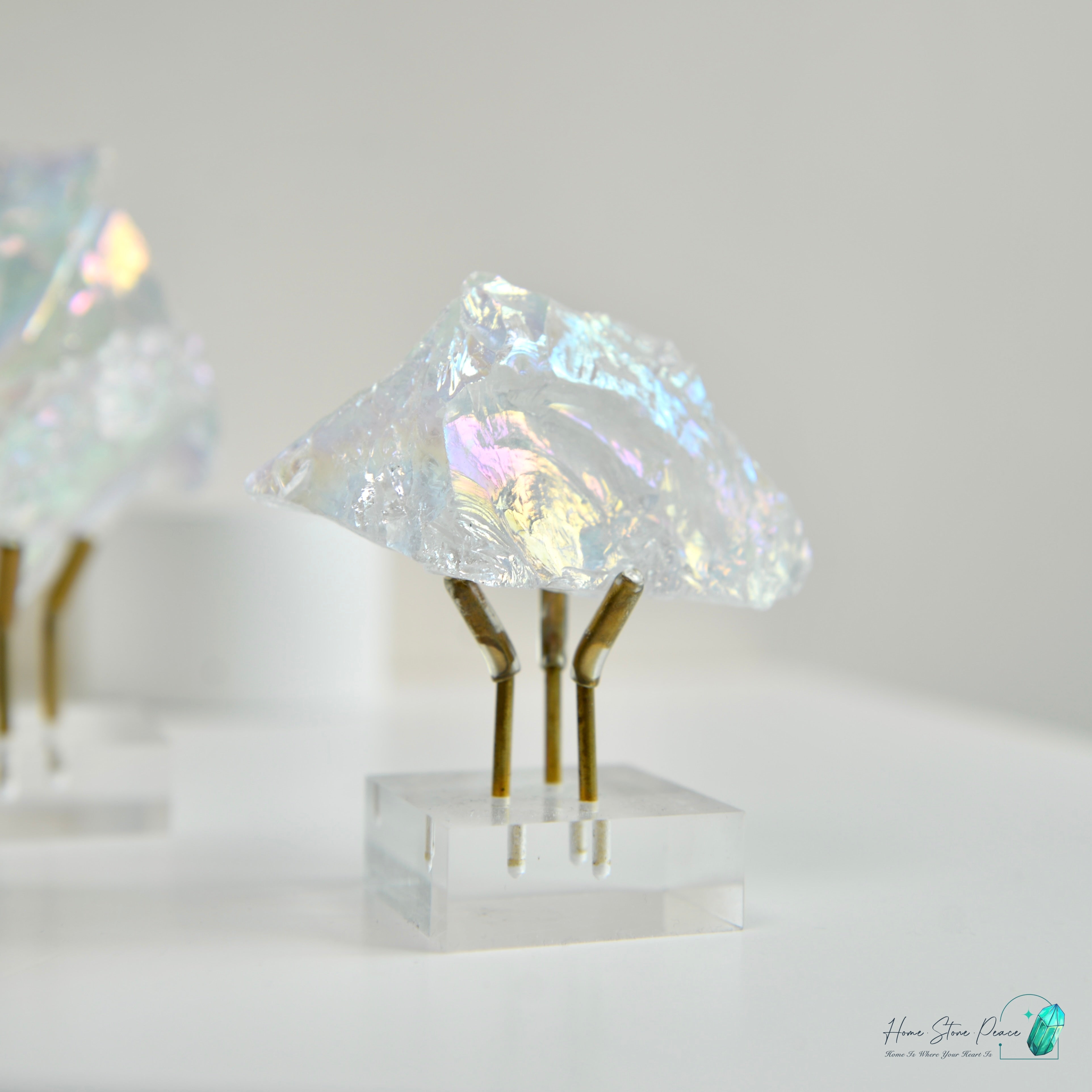 天使光鍍彩白水晶原石連座 Aura Clear Quartz Cluster with Stand